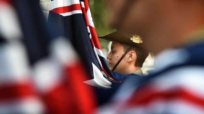 Flag raising at Swanston Street. Picture: Tony Gough