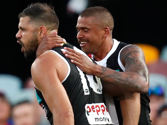 BRISBANE, AUSTRALIA - OCTOBER 03: Paddy Ryder of the Saints (left) and Bradley Hill of the Saints celebrate during the 2020 AFL Second Elimination Final match between the St Kilda Saints and the Western Bulldogs at The Gabba on October 03, 2020 in Brisbane, Australia. (Photo by Michael Willson/AFL Photos via Getty Images)