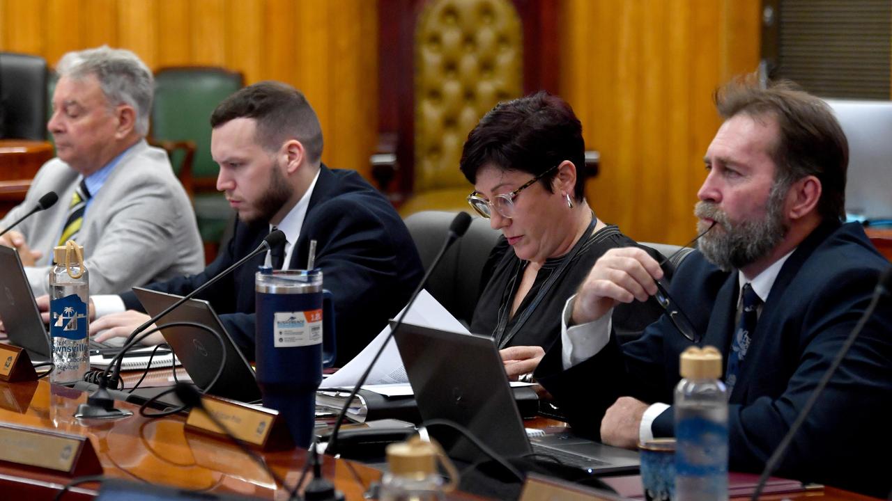 Townsville City Council’s Deputy Mayor Paul Jacob, Cr Brodie Phillips, Cr Ann-Maree Greaney and Cr Kristian Price deliberate in an ordinary council meeting. Picture: Evan Morgan