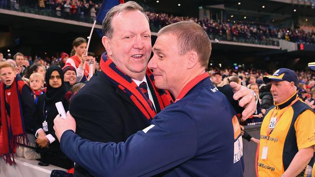 Melbourne president Glen Bartlett with coach Simon Goodwin. Picture: Getty Images