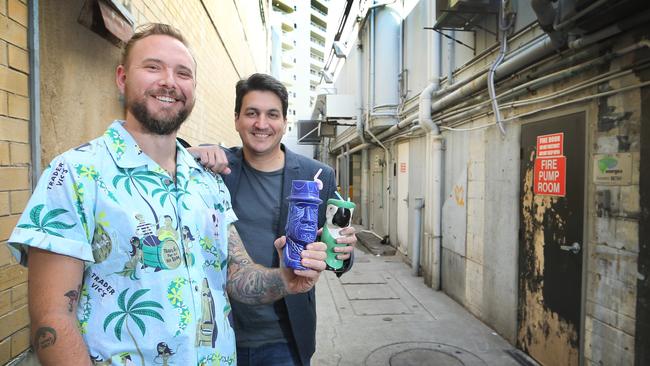 Tim Glasson and Gavin McDougal, the boys behind a hip new bar — Taboo Tiki — going into central Surfers Paradise under Hollywood Showgirls. Picture Glenn Hampson