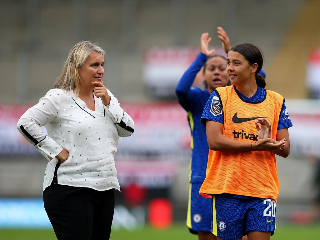 Chelsea manager Emma Hayes chats with Sam Kerr after a 6-1 win over Manchester United. Picture: Alex Livesey / Getty Images