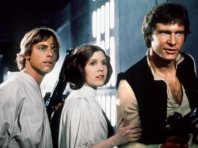 Mark Hamill (Luke Skywalker), Carrie Fisher (Princess Leia) and Harrison Ford (Han Solo) in Star Wars. Picture: Supplied