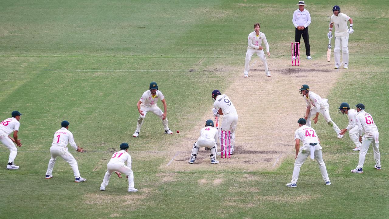 Cummins was at silly point as Jimmy Anderson held out. (Photo by DAVID GRAY / AFP)