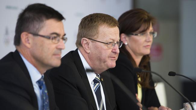 John Wylie (left), John Coates and Kate Lundy at the AGM for the Australian Olympic Committee at the Museum of Contemporary Art in Sydney in 2013.