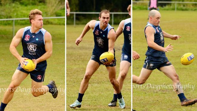 Hinterland Blues players Nathan Spring, Jacob Knight and Josh Nanninga in action. Pictures: SportsDayPhotography.