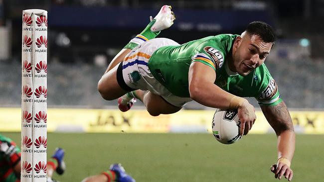 APAC Sports Pictures of the Week - 2020, July 27 - CANBERRA, AUSTRALIA - JULY 25: Nick Cotric of the Raiders scores a try during the round 11 NRL match between the Canberra Raiders and the South Sydney Rabbitohs at GIO Stadium on July 25, 2020 in Canberra, Australia. (Photo by Mark Metcalfe/Getty Images)