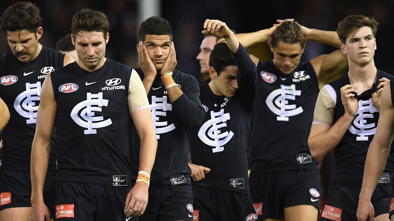 Dejected Carlton players after their loss to Fremantle. (Photo by Quinn Rooney/Getty Images)