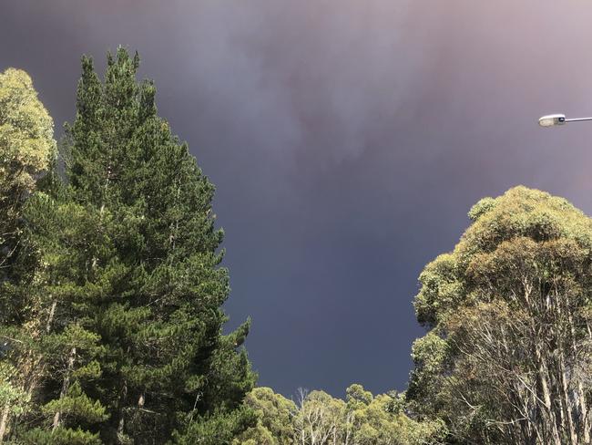 Smoke from bushfires darken the skies at Maydena Bike Park. Picture: ALEX McWHIRTER