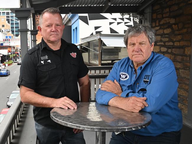 17/12/20. Covid Confusing Nightclub Rules - Director/Owner of Dog and Duck David O'Connell with  Director of Woolshed, Blackbull and Downtown John Meek at the Dog and Duck on Hindley Street.Picture: Keryn Stevens