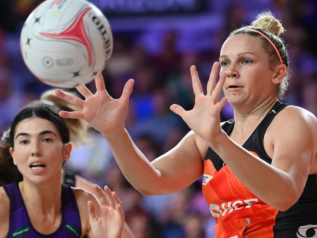 BRISBANE, AUSTRALIA - APRIL 23: Jo Harten of the Giants in action during the round six Super Netball match between the Queensland Firebirds and the Giants Netball at Nissan Arena, on April 23, 2023, in Brisbane, Australia. (Photo by Albert Perez/Getty Images)