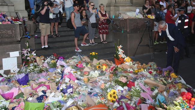 Malcolm Turnbull at the memorial site for the Bourke St tragedy. Picture: David Crosling