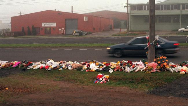 Flowers and tributes at the murder scene in Cochranes Rd, Moorabbin.