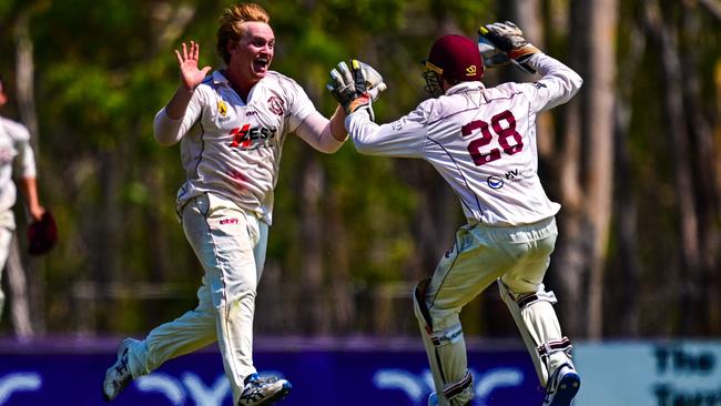 Palmerston captain Hamish White celebrating a wicket during the A-grade DDCC grand final against Waratah. Picture: Cricket NT.