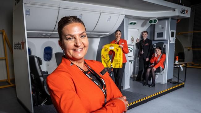 Jetstar trainees Natasha Banjac, Selen Keles, Corey Manning and Emma Hodgkinson at the Jetstar training facility. Picture: Jake Nowakowski