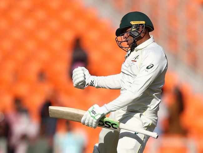 AHMEDABAD, INDIA - MARCH 09: Usman Khawaja of Australia celebrates after scoring his century during day one of the Fourth Test match in the series between India and Australia at Sardar Patel Stadium on March 09, 2023 in Ahmedabad, India. (Photo by Robert Cianflone/Getty Images)