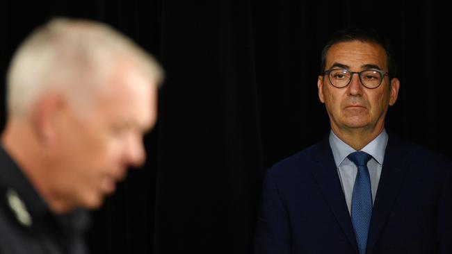 Steven Marshall looks on as Grant Stevens speaks to the media. Picture: David Mariuz