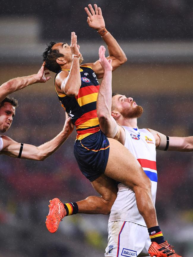 Eddie Betts flies for the Crows in his best game of the season. Picture: Mark Brake/Getty Images