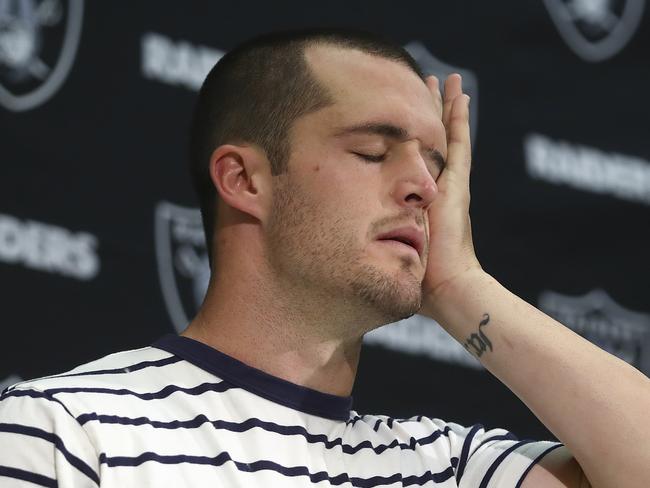 Oakland Raiders quarterback Derek Carr speaks at a news conference after an NFL football game against the Los Angeles Chargers in Oakland, Calif., Sunday, Nov. 11, 2018. (AP Photo/Ben Margot)