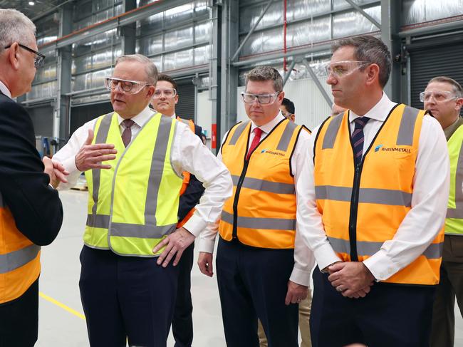 BRISBANE, AUSTRALIA - NewsWire Photos APRIL 2, 2024: Prime Minister Anthony Albanese, Minister for Defence Industry Pat Conroy and Treasurer Jim Chalmers during a visit to the Rheinmetall factory in Ipswich. Picture: NCA NewsWire/Tertius Pickard