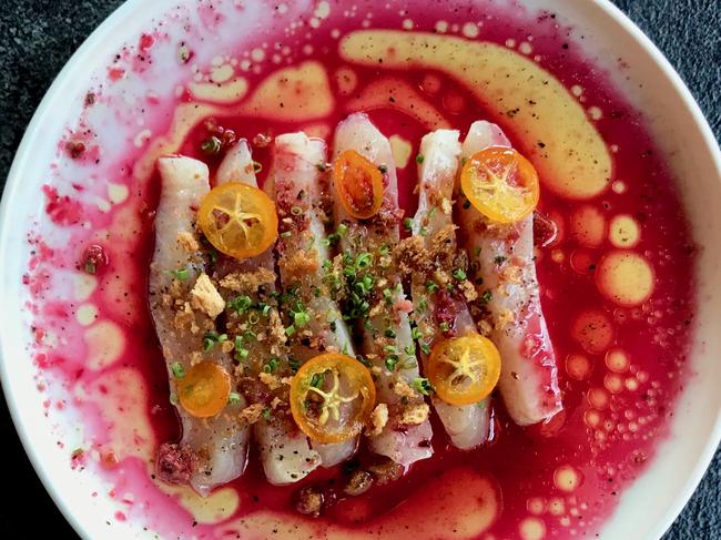 The Hiramasa Kingfish with blood orange, cumquat and citrus oil at bibo. Picture: Jenifer Jagielski