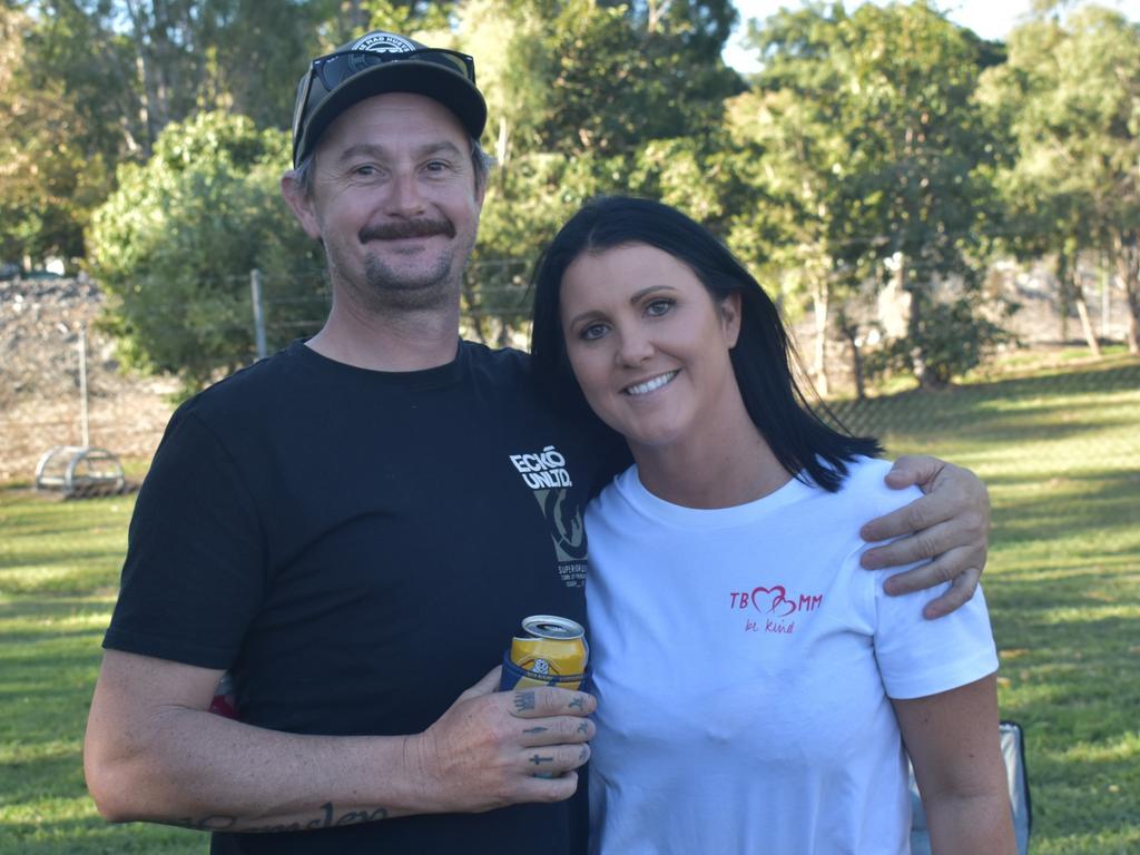 Troy Hemsley and Kandi Latimer at Norths Chargers' inaugural TBMMBEKIND Day at the Gymmy Grounds, Rockhampton, on July 20, 2024.