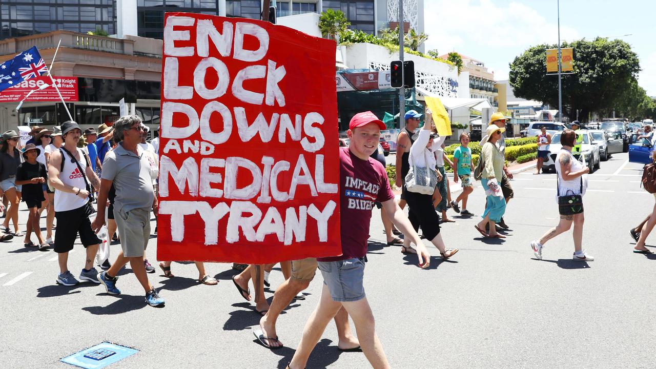 Thousands of protesters attended a Freedom Rally and march on Saturday, opposing the Queensland government's mandatory Covid-19 check in mandates. Picture: Brendan Radke