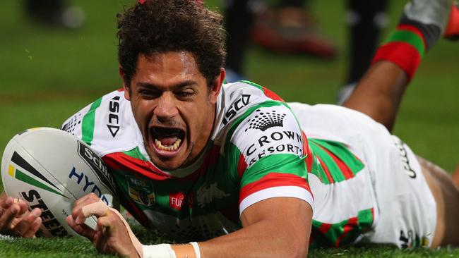 MELBOURNE, AUSTRALIA - SEPTEMBER 07: Dane Gagai of the Rabbitohs scores a try during the NRL Qualifying Final match between the Melbourne Storm and the South Sydney Rabbitohs at AAMI Park on September 7, 2018 in Melbourne, Australia. (Photo by Graham Denholm/Getty Images)