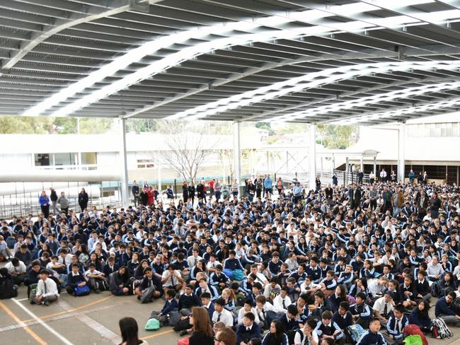 2017: Carlingford High School students gather under their new COLA (Covered Outdoor Learning Area)