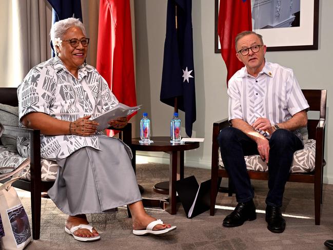 Australian Prime Minister Anthony Albanese (R) chats with Samoa Prime Minister Fiamē Naomi Mataʻafa (L) at the Pacific Islands Forum in Suva. Picture: William West / AFP