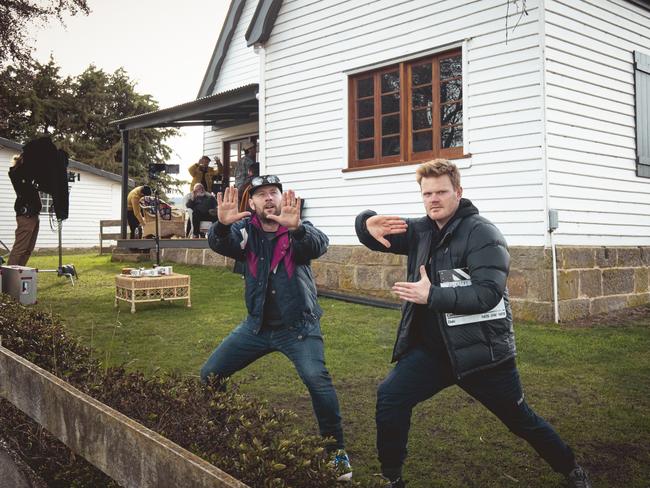 Director of photography Benjamin Bryan and writer and director Glenn Triggs. Behind the scenes while filming Ancestry Road, a feature film which is set in Scotland but was filmed entirely in Tasmania. Written and directed by Glenn Triggs. Picture: Grant Salter