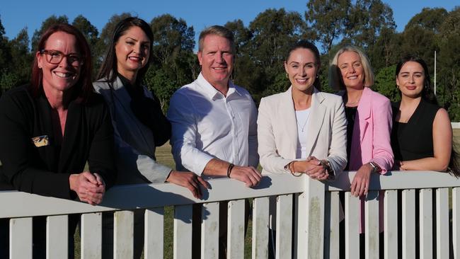 Gaven MP and Housing Minister Meaghan Scanlon (third from right) pictured with Gold Coast ALP candidates in the 2024 poll. They are (left to right) Tamika Hicks (Broadwater), Rita Anwari (Theodore) Nathan Fleury (Currumbin), Claire Carlin (Burleigh) and Sophie Lynch (Mudgeeraba).