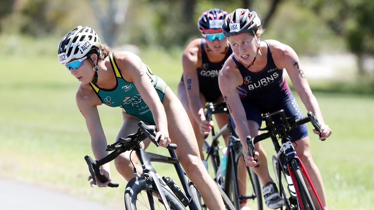 Ash Gently competing in a mixed triathlon relay, the event Australia has the best chance of winning a medal in at the Tokyo Olympics.