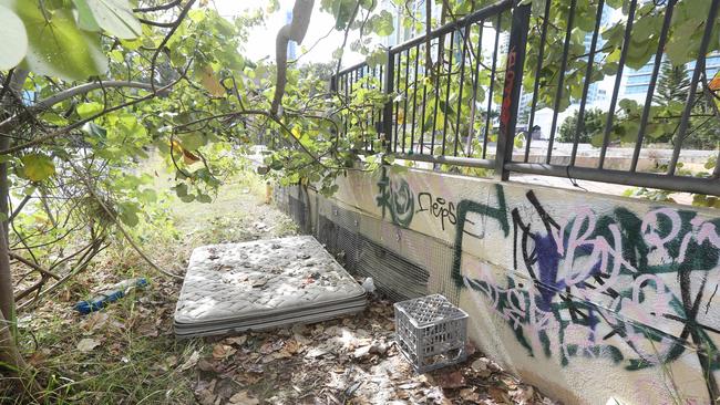 Homeless lair that is an old underground carpark in the basement of an abandoned building on corner of Markwell Ave and Gold coast high way. Picture Mike Batterham