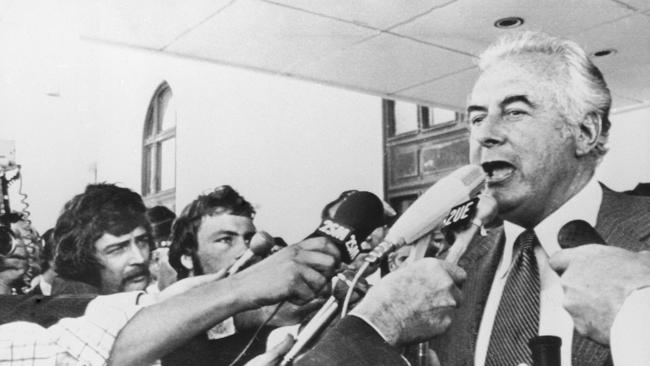 Gough Whitlam addresses reporters outside parliament in 1975.