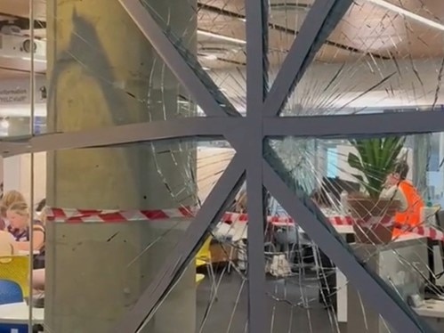 Smashed glass at the University of Queensland in Brisbane. Picture: Supplied