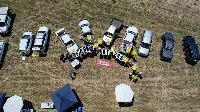 'Farms not gas': Liverpool Plains farmers at a local rally in January 2023 when Santos begun seismic testing. Picture: Supplied