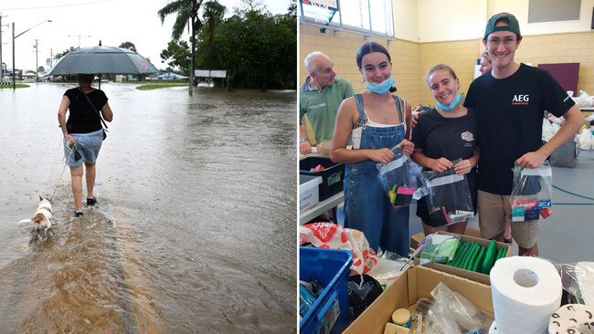 When flooding devastated large parts of Ballina, left, Xavier Catholic College stepped up as an evacuation centre, and makeshift hospital, left. Pictures are some of the 2022 school graduates who helped out: Samuel Stockham, right; Ellie Morley, centre, who made the HSC Distinguished achievers list and Mia Ruffell, left. Pictures: Supplied