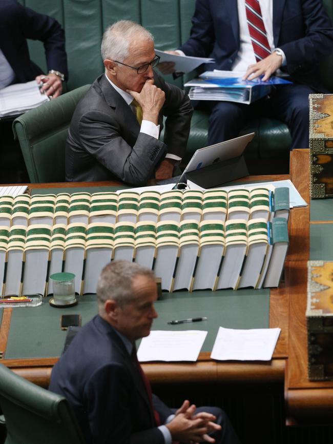 The Prime Minister Malcolm Turnbull with Leader of the Opposition Bill Shorten, during question time in the House of Representatives at Parliament House, Canberra.Picture Gary Ramage