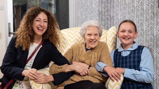 Dr Stephanie Ward, resident Verna Brown and student Eva Ryan at Southern Cross Care’s nursing home in Daceyville. Picture: Monique Harmer