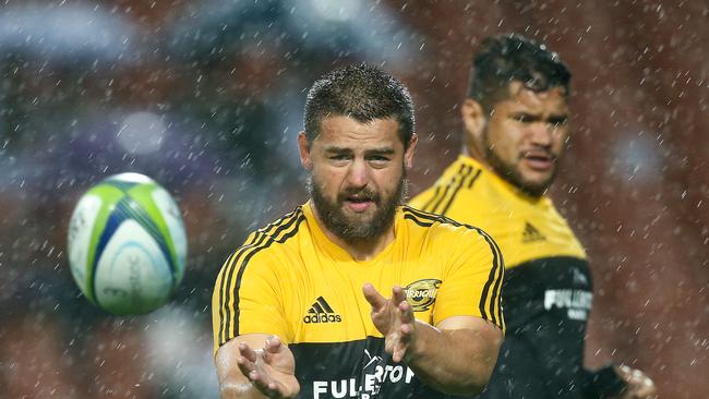 Dane Coles of the Hurricanes warms up at FMG Stadium.