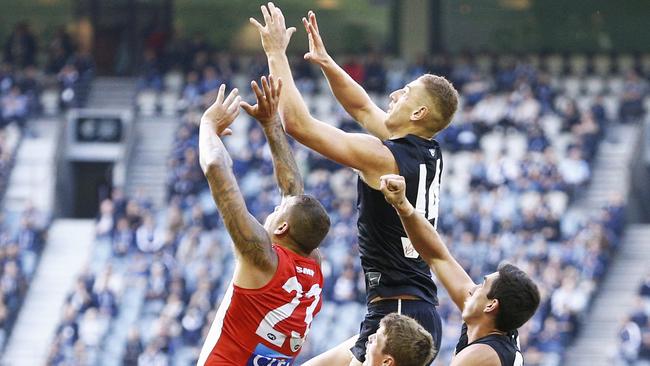 Liam Jones flies for a contested mark against Sydney. Pic: AAP