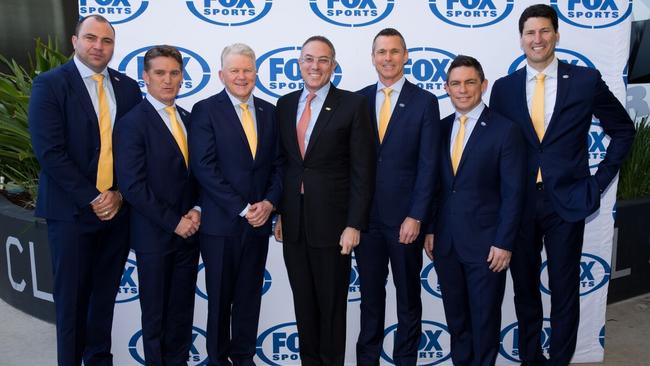 Members of Fox Sports’ star-studded Rugby World Cup team, with CEO Patrick Delany (centre).