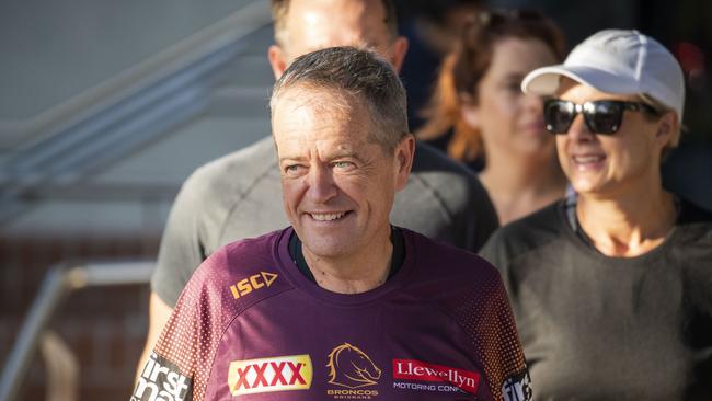 Opposition Leader Bill Shorten is seen before a morning run with Broncos players and Labor candidates, in Brisbane today. Picture: AAP Image/Glenn Hunt