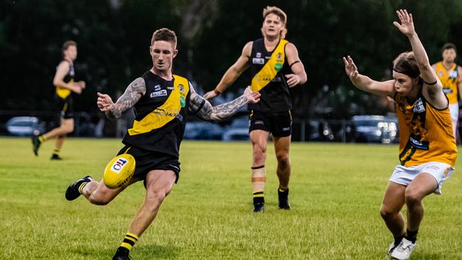 Hamish Hartlett on his NTFL debut for the Nightcliff Tigers. Picture: Patch Clapp / AFLNT Media