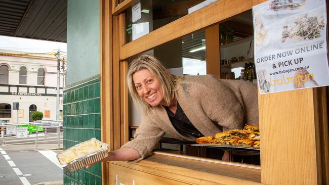 Babajan bakery owner Kirsty Chiaplias with a bake-at-home family size borek, available in silverbeet and feta, lamb and potatoes or mushroom and walnut. Picture: Mark Stewart