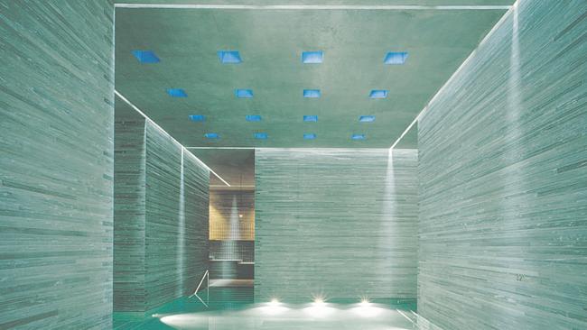 Inside the pool and spa complex at the Hotel Therme Vals in Switzerland.