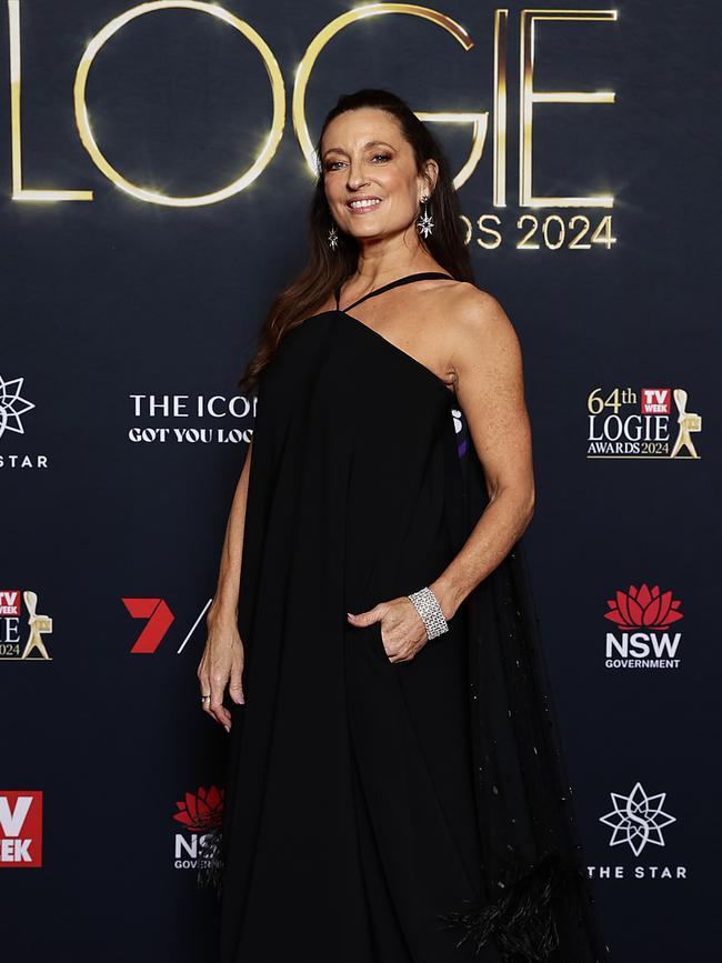 Georgie Parker in black feather-trimmed Velani. Picture: Getty Images