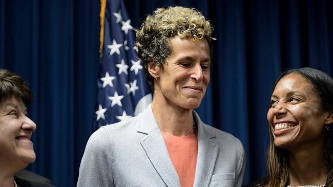 Andrea Constand (C) after the sentencing of Bill Cosby in 2018 in Norristown, Pennsylvania.