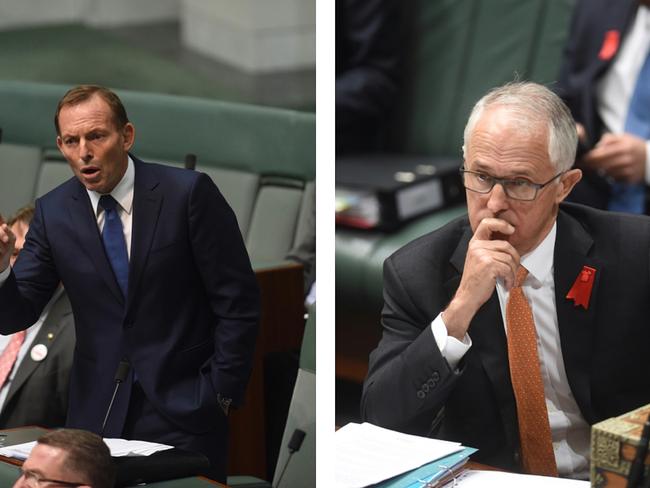 A combined picture of Australian Prime Minister Malcolm Turnbull (right) listening to former Australian prime minister Tony Abbott delivering a personal explanation at the end of House of Representatives Question Time at Parliament House in Canberra, Thursday, Oct. 20, 2016. (AAP Image/Lukas Coch) NO ARCHIVING